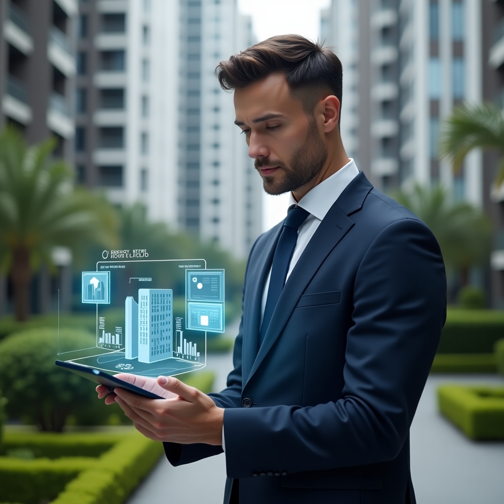 (Ultra-realistic condominium manager in a tailored navy suit, set in a modern luxury condominium environment with high-rise buildings and manicured green landscaping, interacting with a floating holographic interface of a condo management app projected from a tablet, displaying charts, building icons and notifications, confident and focused expression, cinematic lighting, shallow depth of field, highly detailed textures, realistic skin, photographic realism, 8k resolution --ar 1:1 --v 6)