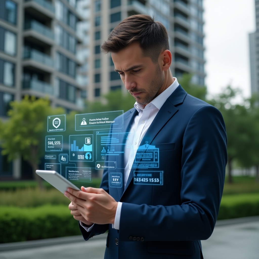 (Ultra-realistic condominium manager in a navy blue executive suit, set in a modern luxury condominium environment with high-rise buildings and lush green landscaping, confidently reviewing a tablet projecting a holographic interface with financial charts, messaging icons and reservation calendars, cinematic lighting, shallow depth of field, highly detailed textures, realistic skin, photographic realism, 8k resolution --ar 1:1 --v 6)