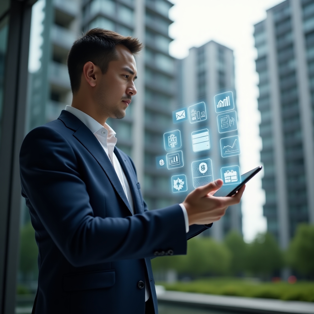 (Ultra-realistic condominium manager in a navy executive suit, set in a modern luxury condominium environment with high-rise buildings and green landscaping, interacting with a holographic interface displaying icons for messaging, finance charts, and calendar bookings, confidently tapping the floating app visuals, cinematic lighting, shallow depth of field, highly detailed textures, realistic skin, photographic realism, 8k resolution --ar 1:1 --v 6)