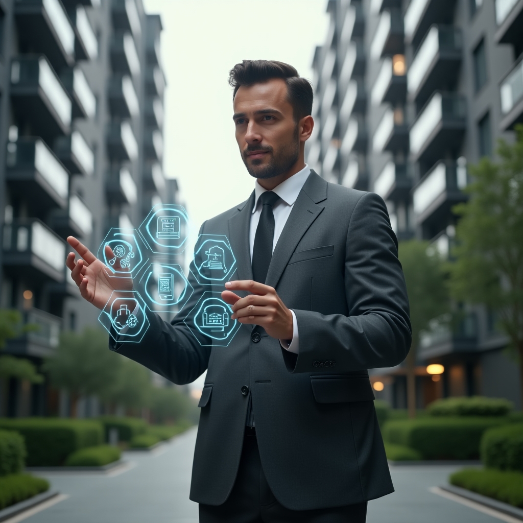 (Ultra-realistic condominium manager in a charcoal gray executive suit, set in a modern luxury condominium environment with high-rise buildings and manicured greenery, interacting with a floating holographic interface displaying icons for finance, reservations, communication, access control, maintenance, incident tracking and performance reports, confident expression, cinematic lighting, shallow depth of field, highly detailed textures, realistic skin, photographic realism, 8k resolution --ar 1:1 --v 6)