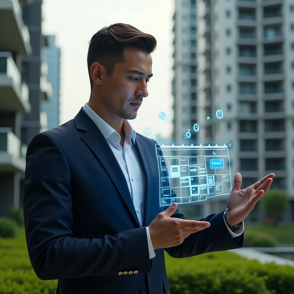(Ultra-realistic condominium manager in a navy suit, set in a modern luxury condominium environment with high-rise buildings and manicured green landscaping, confidently checking a holographic schedule calendar with floating maintenance and event icons, cinematic lighting, shallow depth of field, highly detailed textures, realistic skin, photographic realism, 8k resolution --ar 1:1 --v 6)