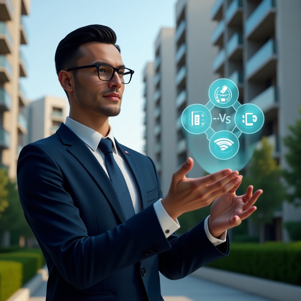Ultra-realistic condominium manager in a navy executive suit, set in a modern luxury condominium environment with high-rise buildings and manicured green landscaping, interacting with a translucent holographic interface displaying icons of a camera, IoT sensor, elevator call button, and mobile app, confident expression, cinematic lighting, shallow depth of field, highly detailed textures, realistic skin, photographic realism, 8k resolution --ar 1:1 --v 6