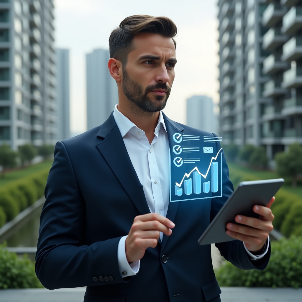 (Ultra-realistic condominium manager in a tailored navy suit, set in a modern luxury condominium environment with high-rise buildings and lush green landscaping, mid-shot of a confident professional holding a tablet and reviewing floating holographic financial charts and a transparent checklist icon symbolizing cost savings and transparency, cinematic lighting, shallow depth of field, highly detailed textures, realistic skin, photographic realism, 8k resolution --ar 1:1 --v 6)