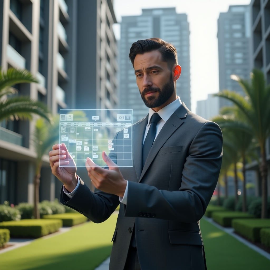Ultra-realistic condominium manager in a charcoal gray executive suit, set in a modern luxury condominium environment with high-rise buildings and manicured green landscaping, holding a transparent holographic activity schedule, reviewing tasks with a focused and confident expression, floating calendar icons and task markers around, cinematic lighting, shallow depth of field, highly detailed textures, realistic skin, photographic realism, 8k resolution --ar 1:1 --v 6