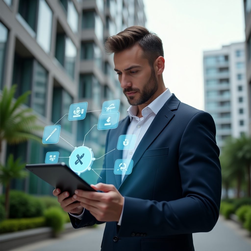 (Ultra-realistic property manager in a navy blue suit, set in a modern luxury condominium environment with high-rise buildings and lush green landscaping, holding a tablet displaying a holographic digital schedule, gaze focused and confident, floating icons of maintenance tools, calendar alerts and assembly symbols, cinematic lighting, shallow depth of field, highly detailed textures, realistic skin, photographic realism, 8k resolution --ar 1:1 --v 6)