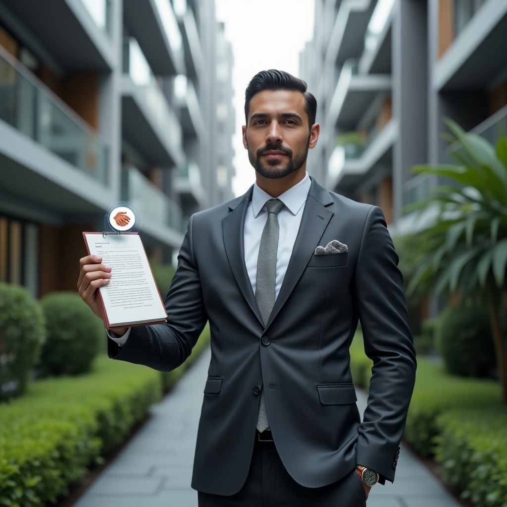 Ultra-realistic condominium manager in a tailored charcoal suit, set in a modern luxury condominium environment with high-rise buildings and manicured green landscaping, medium shot of a confident manager presenting a floating holographic rulebook and handshake icon representing peaceful coexistence, cinematic lighting, shallow depth of field, highly detailed textures, realistic skin, photographic realism, 8k resolution --ar 1:1 --v 6