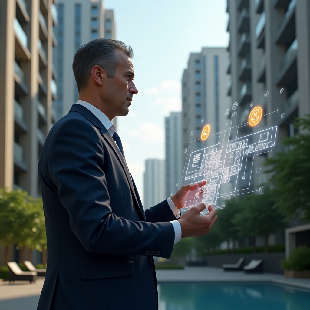 Ultra-realistic condominium manager in a navy tailored suit, set in a modern luxury condominium environment with high-rise buildings and green landscaping, reviewing digital floor plans on a holographic touchscreen interface, with floating icons of a handshake, community group and a glowing golden rulebook, confident expression, cinematic lighting, shallow depth of field, highly detailed textures, realistic skin, photographic realism, 8k resolution --ar 1:1 --v 6
