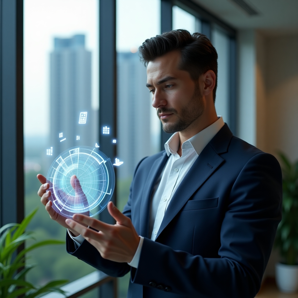 (Ultra-realistic condominium manager in a navy suit, set in a modern luxury condominium environment with high-rise buildings and green landscaping, analyzing a holographic pie chart displaying unit fractions, confident and focused expression, glowing fractional icons and digital documents floating around, cinematic lighting, shallow depth of field, highly detailed textures, realistic skin, photographic realism, 8k resolution --ar 1:1 --v 6)