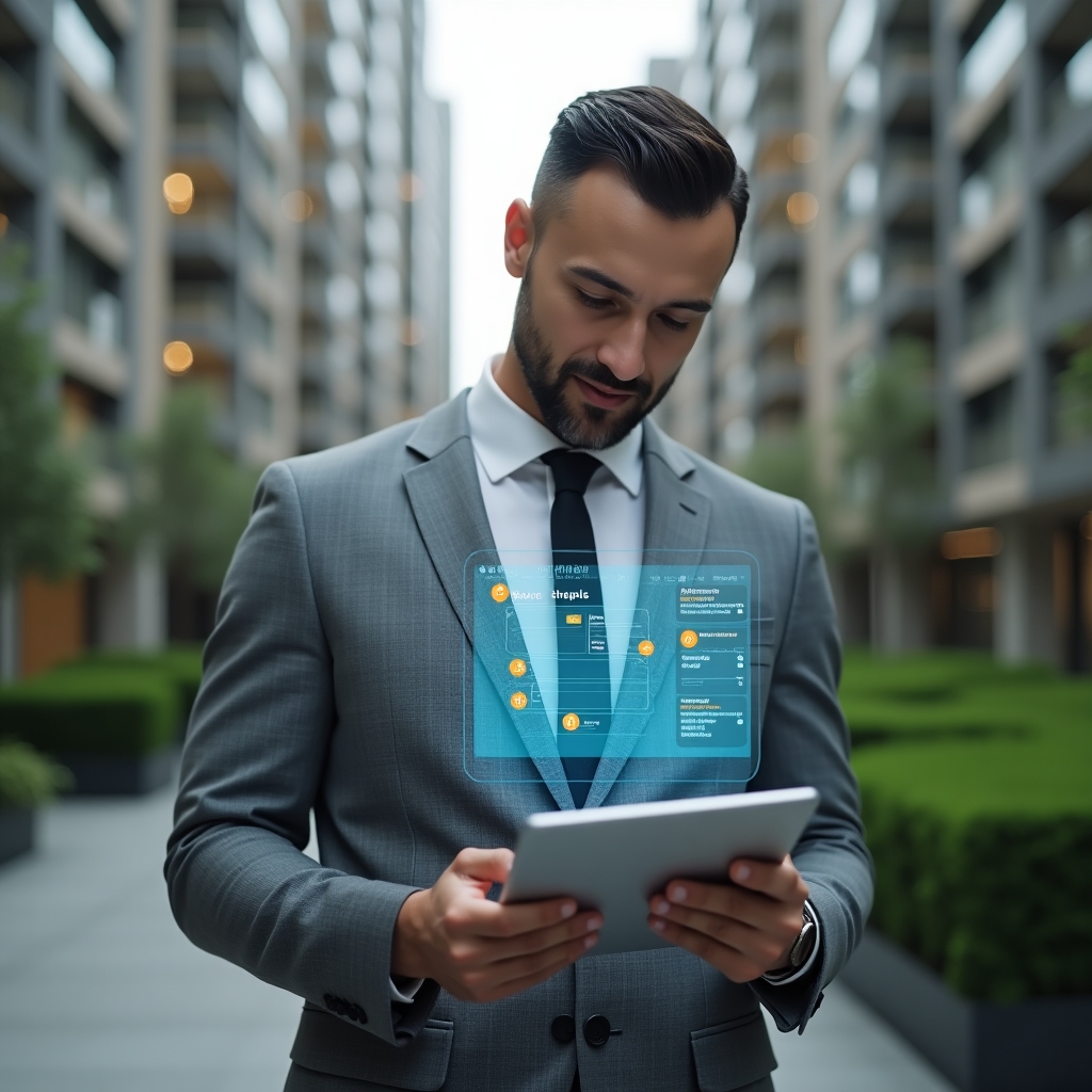 (Ultra-realistic condominium manager in a tailored gray suit, medium shot, holding a tablet displaying a holographic checklist and calendar overlay, set in a modern luxury condominium environment with high-rise buildings and manicured greenery, confidently reviewing tasks, symbolic translucent checklist icons floating beside them, cinematic lighting, shallow depth of field, highly detailed textures, realistic skin, photographic realism, 8k resolution --ar 1:1 --v 6)