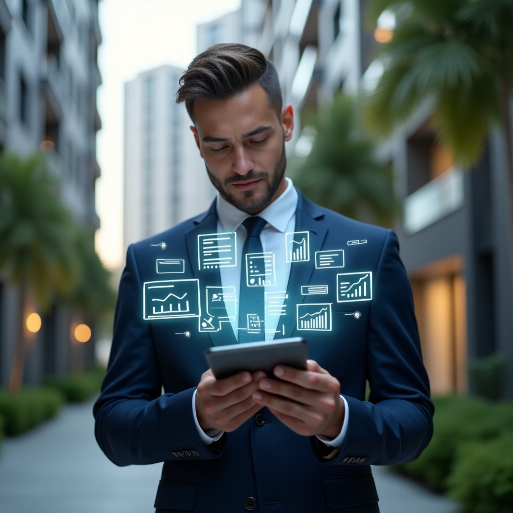 Ultra-realistic condominium manager in a tailored navy suit, set in a modern luxury condominium environment with high-rise buildings and manicured green landscaping, holding a tablet displaying a floating holographic checklist and financial graphs, confidently reviewing documents, holographic icons of documents and charts swirling around, cinematic lighting, shallow depth of field, highly detailed textures, realistic skin, photographic realism, 8k resolution --ar 1:1 --v 6