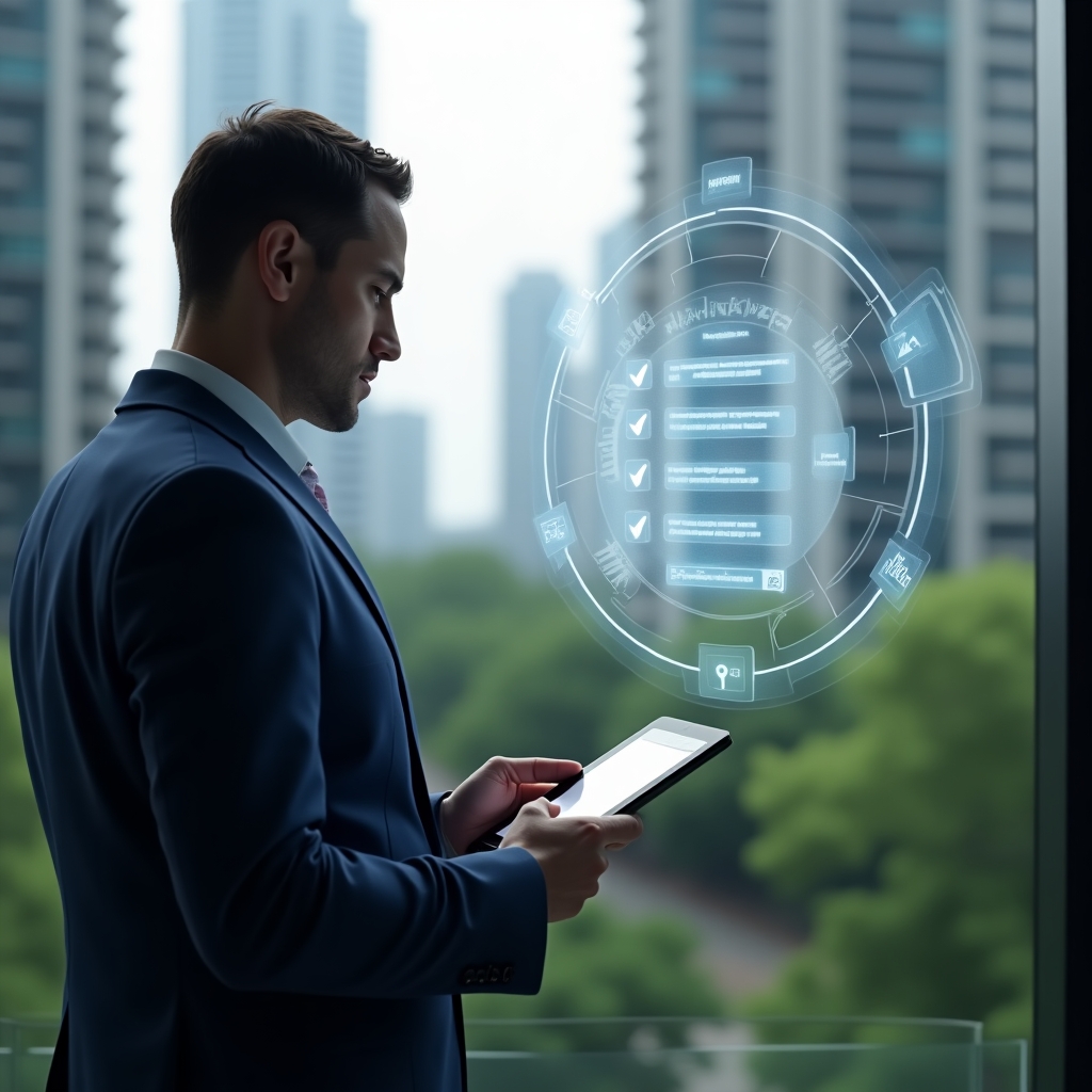 (Ultra-realistic condominium manager in a navy blue executive suit, set in a modern luxury condominium environment with high-rise buildings and lush green landscaping, holding a digital tablet and reviewing a maintenance checklist hologram projected above it, gear and wrench icons subtly integrated around the hologram, cinematic lighting, shallow depth of field, highly detailed textures, realistic skin, photographic realism, 8k resolution --ar 1:1 --v 6)