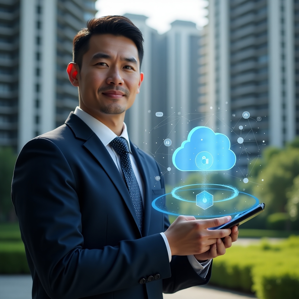 Ultra-realistic condominium manager in a navy executive suit, set in a modern luxury condominium environment with high-rise buildings and meticulously landscaped green areas, holding a digital tablet displaying holographic cloud icons and interactive charts, confident and focused expression, floating cloud network hologram symbolizing secure digital management, cinematic lighting, shallow depth of field, highly detailed textures, realistic skin, photographic realism, 8k resolution --ar 1:1 --v 6