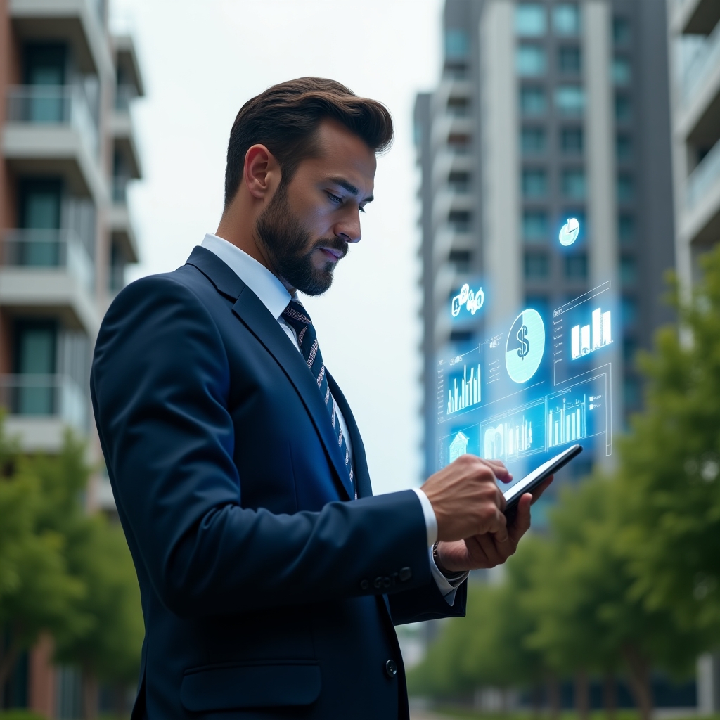 Ultra-realistic condominium manager in a navy blue tailored suit, set in a modern luxury condominium environment with high-rise buildings and lush green landscaping, holding a digital tablet displaying holographic budget charts and expense graphs, projecting floating currency icons and pie charts, assessing expenses with a confident and focused expression, cinematic lighting, shallow depth of field, highly detailed textures, realistic skin, photographic realism, 8k resolution --ar 1:1 --v 6
