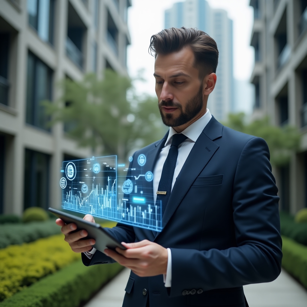 Ultra-realistic condominium manager in a navy blue executive suit, set in a modern luxury condominium environment with high-rise buildings and manicured green landscaping, holding a tablet and confidently analyzing a floating holographic financial chart with icons of coins and contracts, cinematic lighting, shallow depth of field, highly detailed textures, realistic skin, photographic realism, 8k resolution --ar 1:1 --v 6
