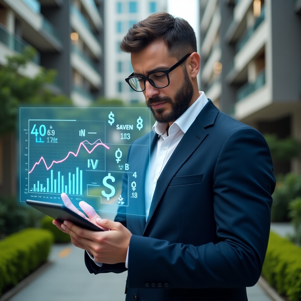 Ultra-realistic property manager in a tailored navy suit, set in a modern luxury condominium environment with high-rise buildings and lush green landscaping, examining a holographic financial chart with icons of savings and dollar signs floating beside them, confidently holding a digital tablet, cinematic lighting, shallow depth of field, highly detailed textures, realistic skin, photographic realism, 8k resolution --ar 1:1 --v 6