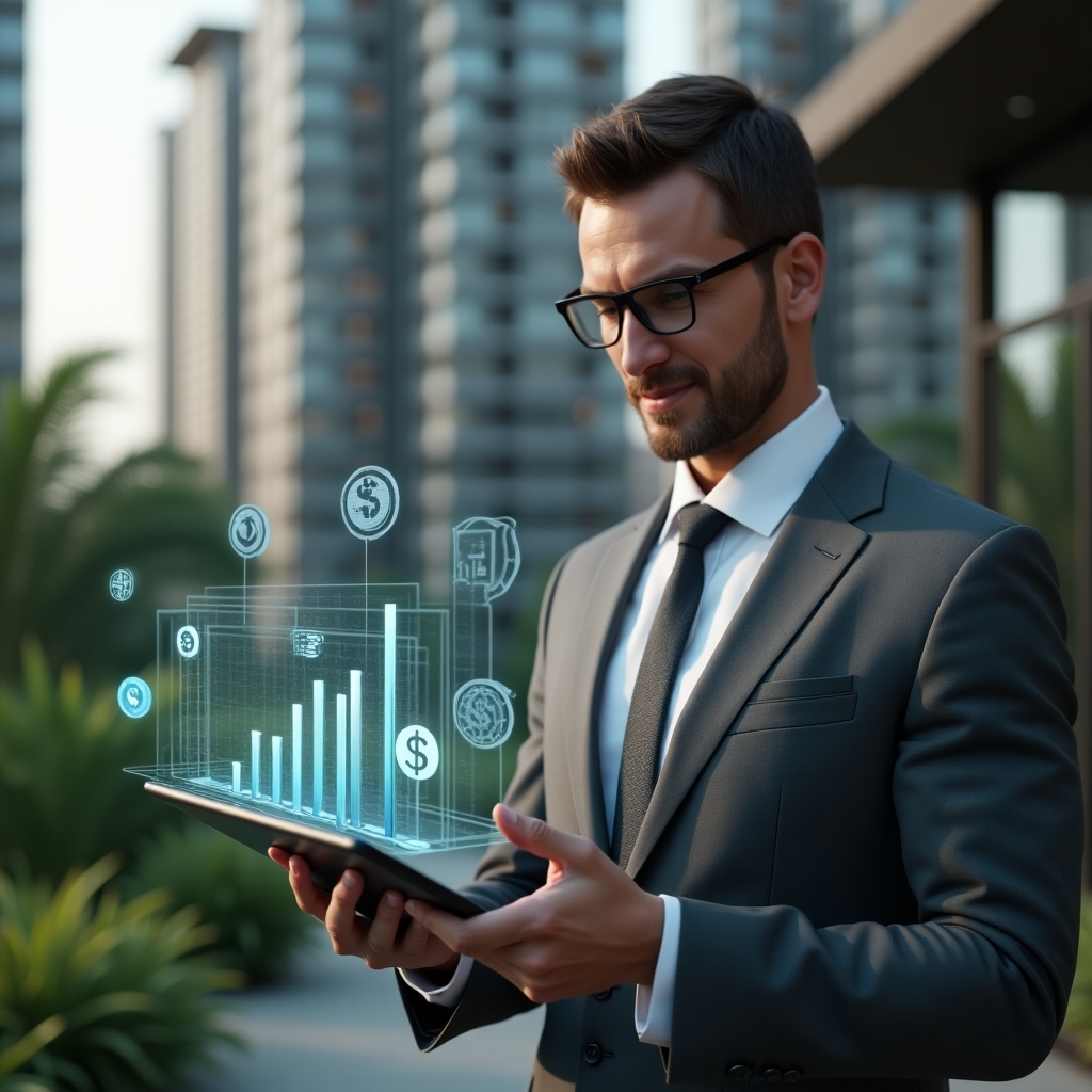Ultra-realistic condominium manager in a charcoal gray suit, set in a modern luxury condominium environment with high-rise buildings and lush green landscaping, analyzing a digital tablet displaying cost-saving graphs, holographic icons of coins and gears floating above the screen, confident and focused expression, cinematic lighting, shallow depth of field, highly detailed textures, realistic skin, photographic realism, 8k resolution --ar 1:1 --v 6