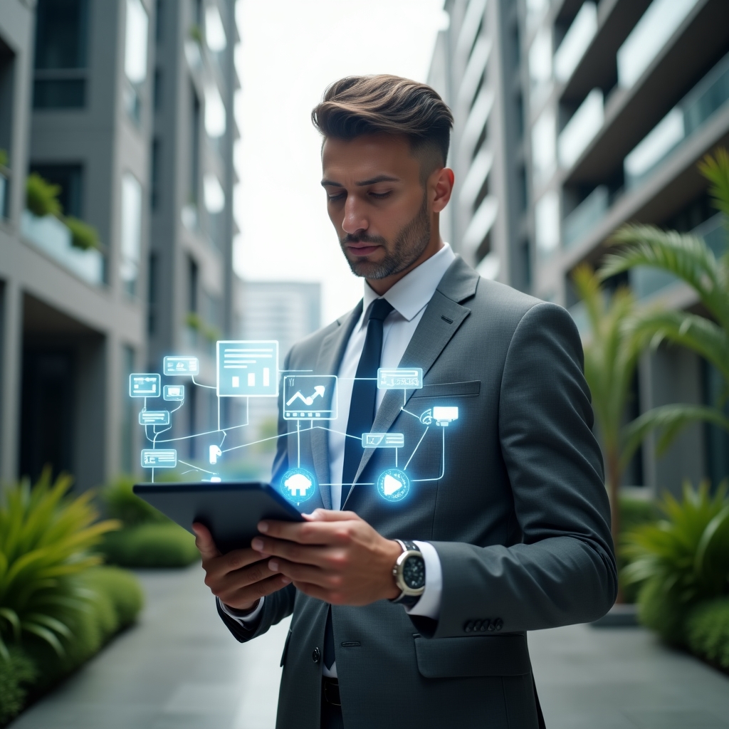 (Ultra-realistic condominium manager in a tailored gray suit, set in a modern luxury condominium environment with high-rise buildings and manicured green landscaping, holding a tablet and interacting with floating holographic icons of financial charts, chat bubbles, security cameras and booking calendars, confident and focused expression, cinematic lighting, shallow depth of field, highly detailed textures, realistic skin, photographic realism, 8k resolution --ar 1:1 --v 6)