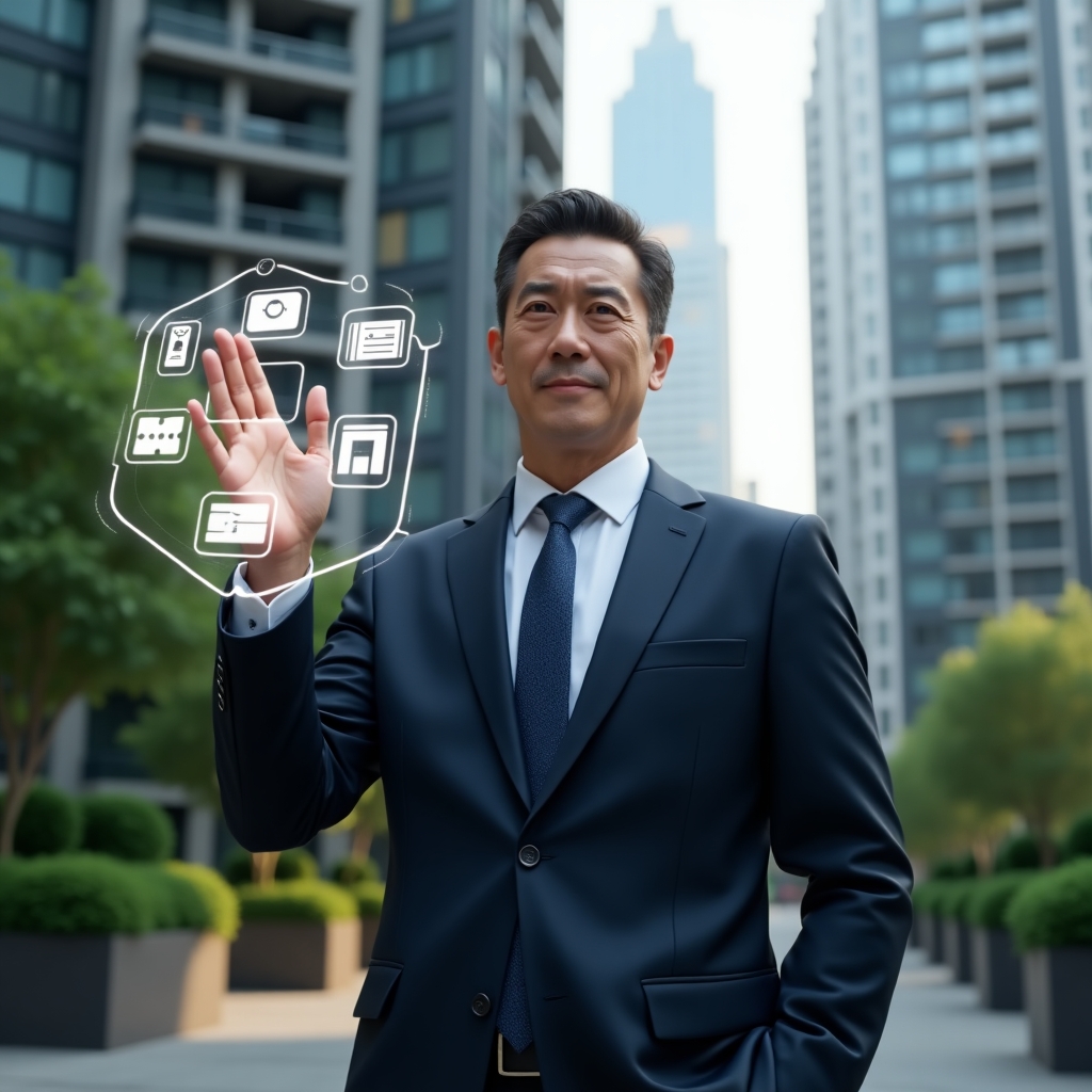(Ultra-realistic condo manager in a navy executive suit, set in a modern luxury condominium environment with high-rise buildings and lush green landscaping, interacting with a floating holographic interface displaying icons for finance, messaging, reservations, access control and analytics, confident and focused expression, cinematic lighting, shallow depth of field, highly detailed textures, realistic skin, photographic realism, 8k resolution --ar 1:1 --v 6)