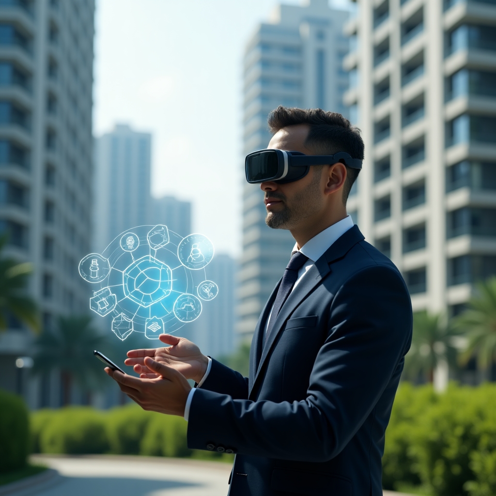 Ultra-realistic condominium manager in a navy executive suit, set in a modern luxury condominium environment with high-rise buildings and manicured green landscaping, medium shot, confidently interacting with floating holographic icons representing communication, financial reports, area reservations, access control and analytics dashboards, cinematic lighting, shallow depth of field, highly detailed textures, realistic skin, photographic realism, 8k resolution --ar 1:1 --v 6