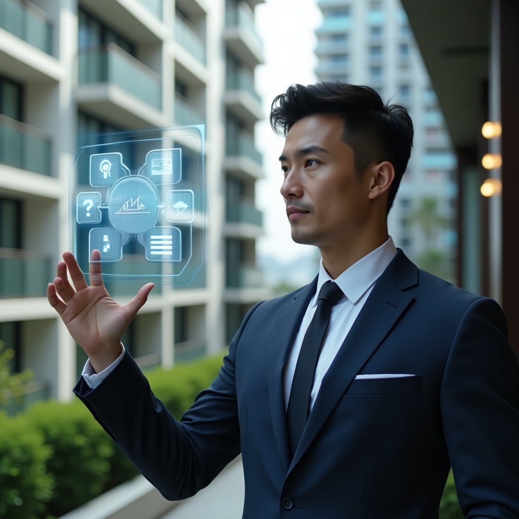 (Ultra-realistic condominium manager in a tailored navy suit, set in a modern luxury condominium environment with high-rise buildings and manicured greenery, examining a floating holographic interface displaying icons for access control, messaging, booking, finance and maintenance, confident expression, cinematic lighting, shallow depth of field, highly detailed textures, realistic skin, photographic realism, 8k resolution --ar 1:1 --v 6)