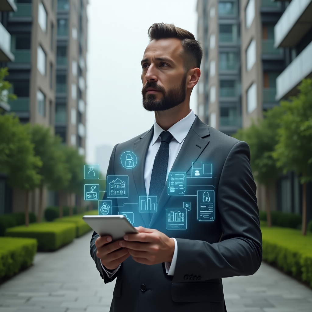 Ultra-realistic condo manager in a charcoal grey suit, set in a modern luxury condominium environment with high-rise buildings and manicured green gardens, holding a tablet displaying holographic icons of chat bubbles, financial charts, security locks, calendar bookings and maintenance tickets, looking confident and focused, cinematic lighting, shallow depth of field, highly detailed textures, realistic skin, photographic realism, 8k resolution --ar 1:1 --v 6