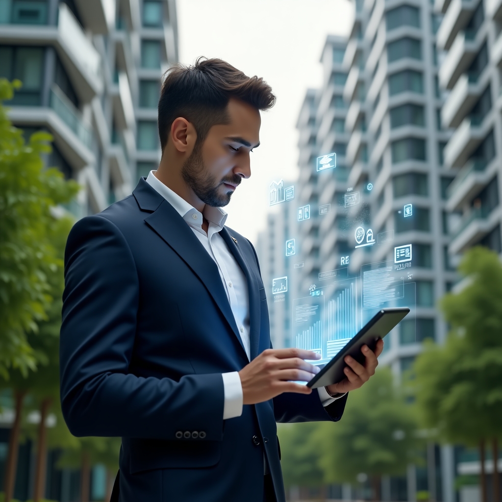 (Ultra-realistic condominium manager in a tailored navy suit, set in a modern luxury condominium environment with high-rise buildings and lush green landscaping, mid shot of a confident professional analyzing holographic financial charts and real-time digital dashboards on a transparent tablet, floating icons of bank integration and OCR-scanned documents surrounding them, cinematic lighting, shallow depth of field, highly detailed textures, realistic skin, photographic realism, 8k resolution --ar 1:1 --v 6)