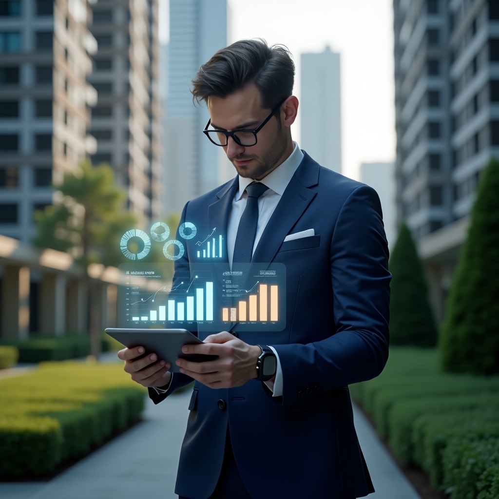 (Ultra-realistic condominium manager in a navy blue suit, set in a modern luxury condominium environment with high-rise buildings and well-manicured green landscaping, mid shot of a confident professional reviewing holographic financial charts on a tablet, glowing icons of pie charts and bar graphs floating around, cinematic lighting, shallow depth of field, highly detailed textures, realistic skin, photographic realism, 8k resolution --ar 1:1 --v 6)