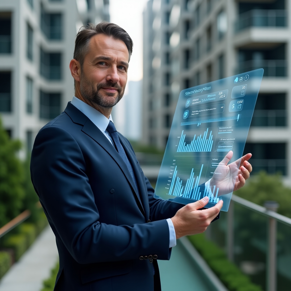 Ultra-realistic condominium manager in a navy blue suit, set in a modern luxury condominium environment with high-rise buildings and green landscaping, holding a transparent holographic financial chart while analyzing data with a confident expression, floating icons of graphs and checkmarks around, cinematic lighting, shallow depth of field, highly detailed textures, realistic skin, photographic realism, 8k resolution --ar 1:1 --v 6