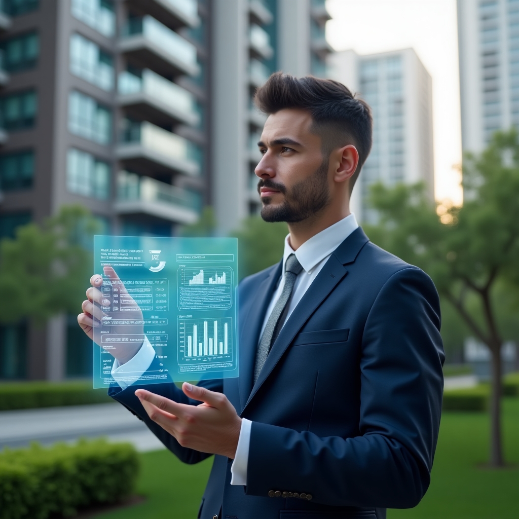(Ultra-realistic condominium manager in a tailored navy suit, set in a modern luxury condominium environment with high-rise buildings and lush green landscaping, holding a holographic digital financial report with detailed charts, confidently gesturing toward the transparent balancete projection symbolizing digital transparency, cinematic lighting, shallow depth of field, highly detailed textures, realistic skin, photographic realism, 8k resolution --ar 1:1 --v 6)
