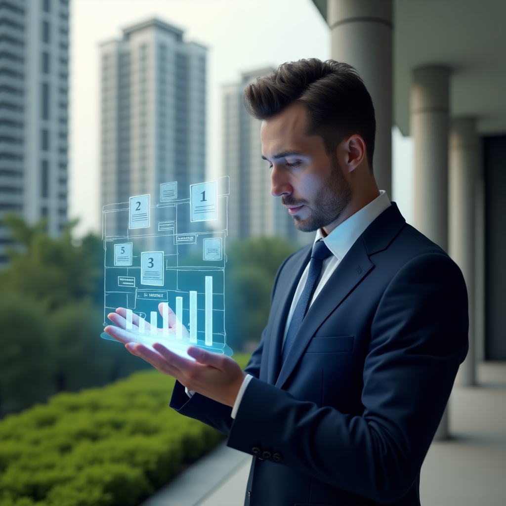 Ultra-realistic condominium manager in a tailored navy suit, set in a modern luxury condominium environment with high-rise buildings and manicured greenery, examining a semi-transparent holographic financial report displaying five numbered steps and bar charts, confident and focused expression, subtle floating icons of documents and graphs around them, cinematic lighting, shallow depth of field, highly detailed textures, realistic skin, photographic realism, 8k resolution --ar 1:1 --v 6