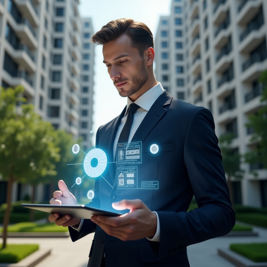 (Ultra-realistic condominium manager in a navy suit, set in a modern luxury condominium environment with high-rise buildings and manicured green landscaping, holding a tablet displaying a futuristic holographic pie chart separating ordinary and extraordinary expenses, analyzing financial data with a confident expression, with floating icons of coins and a blueprint symbolizing reserve funds and emergency works, cinematic lighting, shallow depth of field, highly detailed textures, realistic skin, photographic realism, 8k resolution --ar 1:1 --v 6)