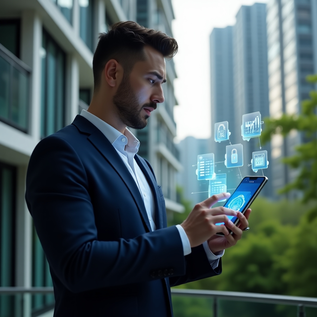 (Ultra-realistic condominium manager in a sleek navy suit, set in a modern luxury condominium environment with high-rise buildings and lush green landscaping, medium close-up of a confident professional interacting with a holographic smartphone interface displaying financial charts and chat bubbles, floating holographic icons representing payments, messaging, task lists, calendar reservations and a security lock, cinematic lighting, shallow depth of field, highly detailed textures, realistic skin, photographic realism, 8k resolution --ar 1:1 --v 6)