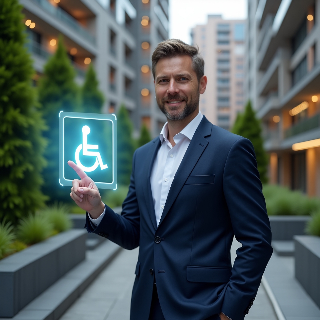 (Ultra-realistic condominium manager in a tailored navy suit, set in a modern luxury condominium environment with high-rise buildings and lush green landscaping, standing by an accessible ramp and pointing at a glowing holographic wheelchair icon and digital floor plan interface, confident and welcoming expression, cinematic lighting, shallow depth of field, highly detailed textures, realistic skin, photographic realism, 8k resolution --ar 1:1 --v 6)