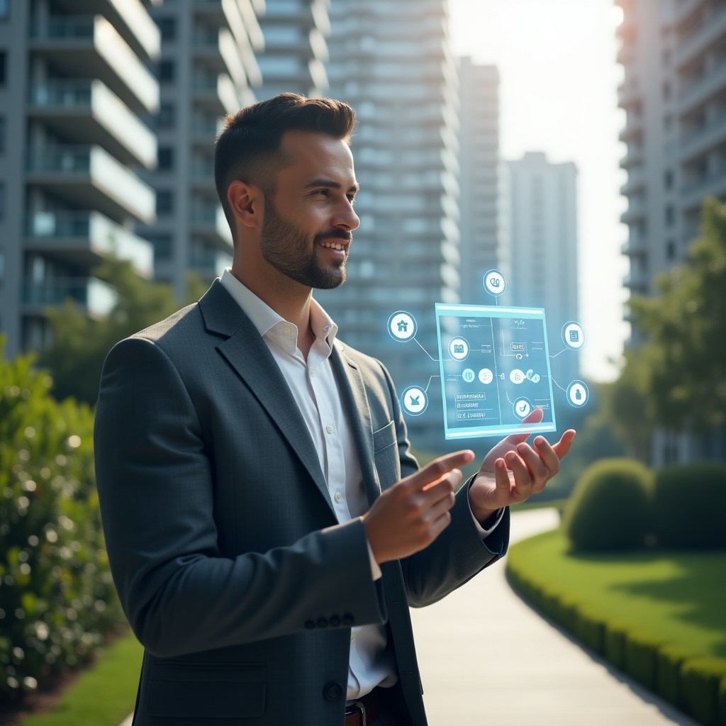 Ultra-realistic condominium manager in a charcoal gray suit, set in a modern luxury condominium environment with high-rise buildings and pristine green landscaping, interacting with a holographic digital dashboard displaying maintenance schedules and contract icons, floating digital checklists and gear symbols around them, confident and focused expression, cinematic lighting, shallow depth of field, highly detailed textures, realistic skin, photographic realism, 8k resolution --ar 1:1 --v 6