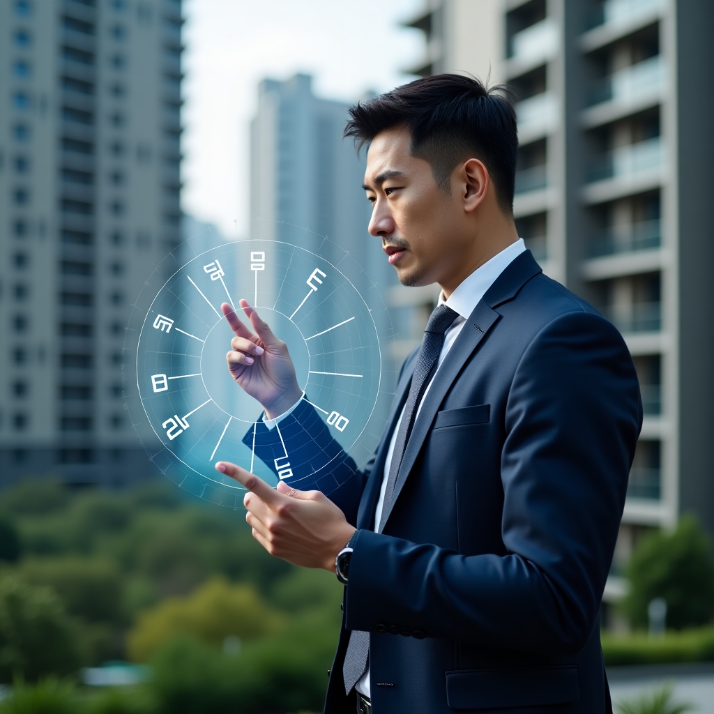 (Ultra-realistic condominium manager in a navy blue suit, set in a modern luxury condominium environment with high-rise buildings and green landscaping, analyzing a holographic pie chart of unit percentage fractions with floating numerical icons, confident and focused expression, cinematic lighting, shallow depth of field, highly detailed textures, realistic skin, photographic realism, 8k resolution --ar 1:1 --v 6)