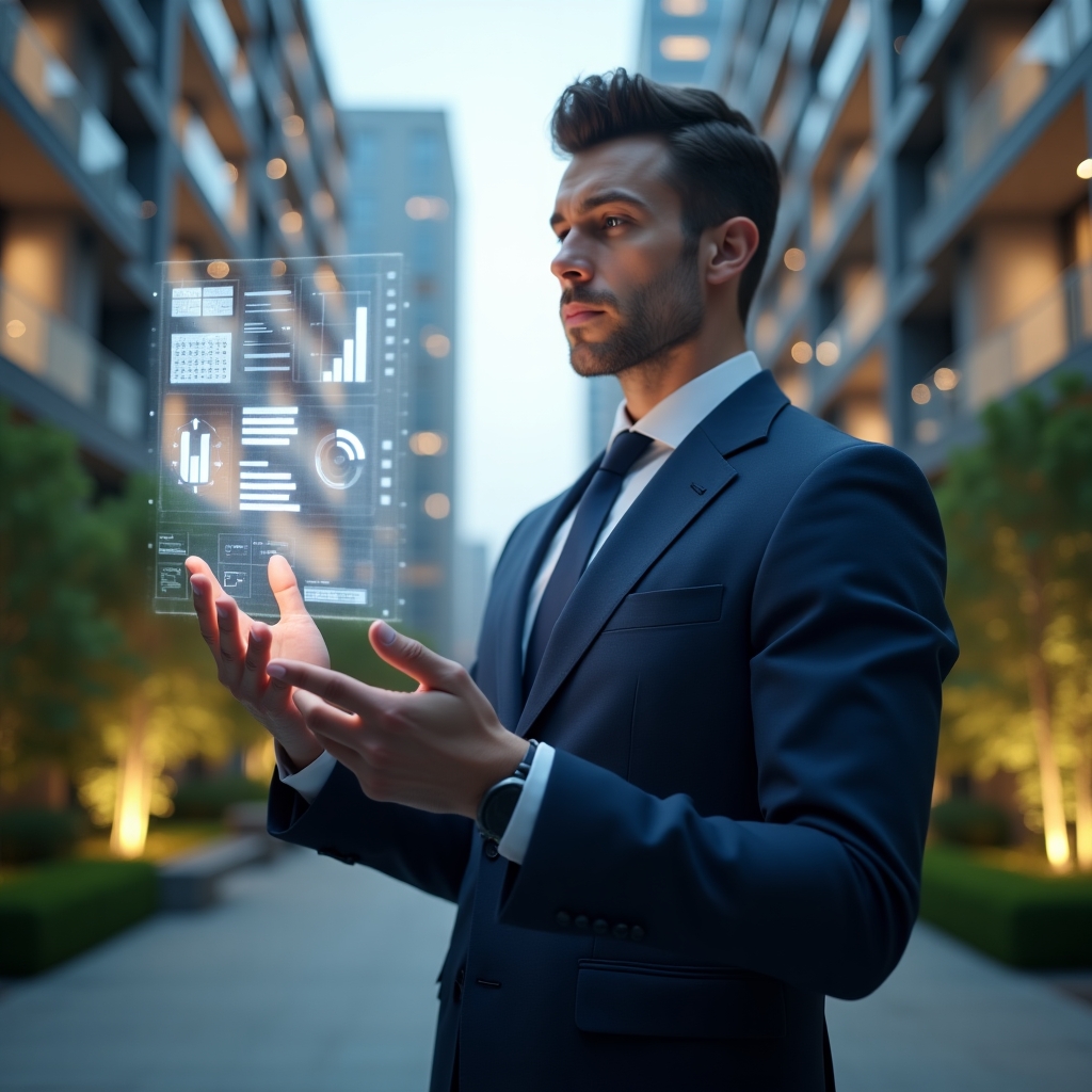 Ultra-realistic condo manager in a navy blue tailored suit, set in a modern luxury condominium environment with high-rise buildings and manicured green landscaping, examining a floating holographic financial report with interactive charts and graphs, confident expression, symbolic digital ledger icons glowing around the figure, cinematic lighting, shallow depth of field, highly detailed textures, realistic skin, photographic realism, 8k resolution --ar 1:1 --v 6