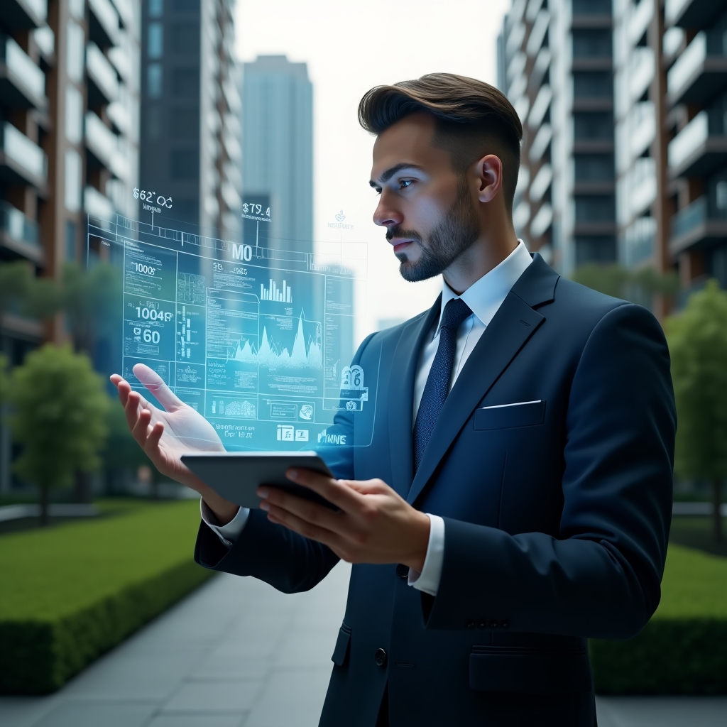 (Ultra-realistic condominium manager in a tailored navy suit, set in a modern luxury condominium environment with high-rise buildings and lush green landscaping, confidently analyzing a floating holographic financial report with transparent charts and graphs, subtle icons of currency and ledgers hovering nearby, cinematic lighting, shallow depth of field, highly detailed textures, realistic skin, photographic realism, 8k resolution --ar 1:1 --v 6)