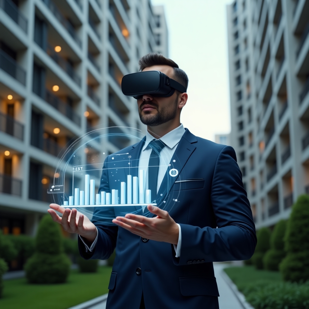 (Ultra-realistic condominium manager in a navy suit, set in a modern luxury condominium environment with high-rise buildings and manicured greenery, analyzing a floating holographic bar chart of overdue payments with confidence and focus, money icons and digital interface elements surrounding them, cinematic lighting, shallow depth of field, highly detailed textures, realistic skin, photographic realism, 8k resolution --ar 1:1 --v 6)
