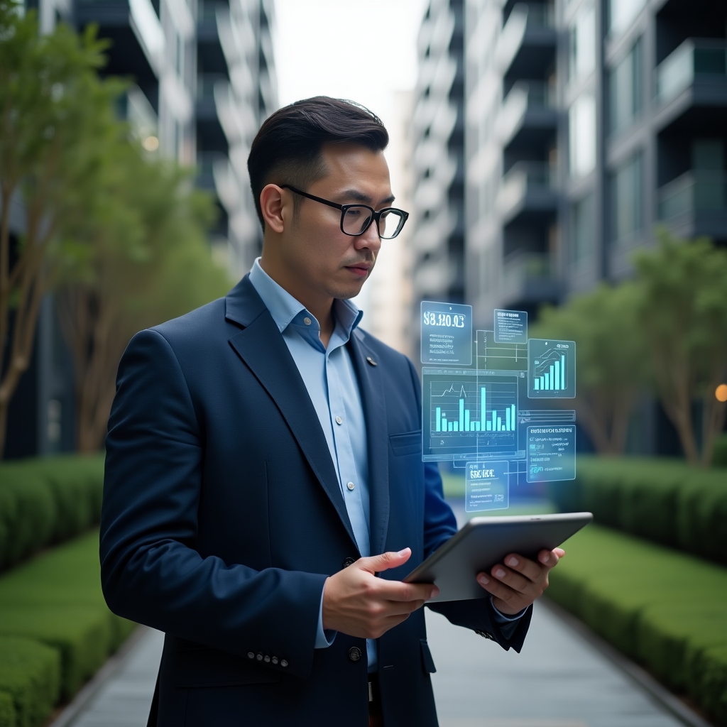 (Ultra-realistic condominium manager in a tailored navy blue business suit, set in a modern luxury condominium environment with high-rise buildings and meticulously landscaped greenery, confidently reviewing a digital tablet displaying holographic financial charts and approval workflows, floating icons of invoices and payment approvals around them, cinematic lighting, shallow depth of field, highly detailed textures, realistic skin, photographic realism, 8k resolution --ar 1:1 --v 6)
