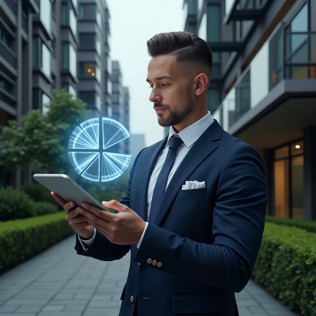 (Ultra-realistic property manager in a navy executive suit, set in a modern luxury condominium environment with high-rise buildings and manicured green landscaping, examining a holographic pie chart of unit fractions projected above a tablet, confident and focused expression, symbolic digital fraction ideal visualization floating beside architectural blueprints, cinematic lighting, shallow depth of field, highly detailed textures, realistic skin, photographic realism, 8k resolution --ar 1:1 --v 6)
