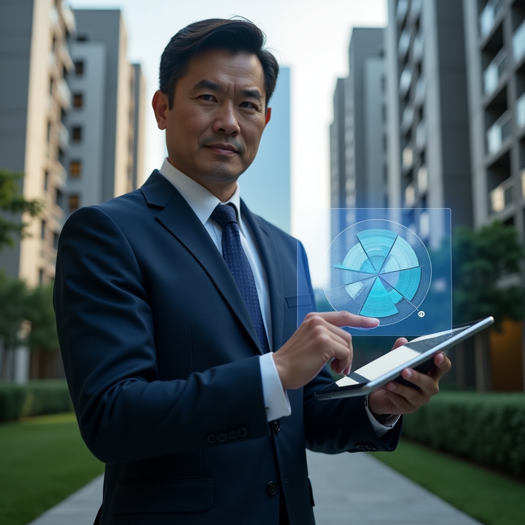 (Ultra-realistic condominium manager in a dark blue tailored suit, set in a modern luxury condominium environment with high-rise buildings and manicured green landscaping, confidently holding a transparent tablet displaying a holographic 3D pie chart of unit fractions, pointing at precise division lines, cinematic lighting, shallow depth of field, highly detailed textures, realistic skin, photographic realism, 8k resolution --ar 1:1 --v 6)