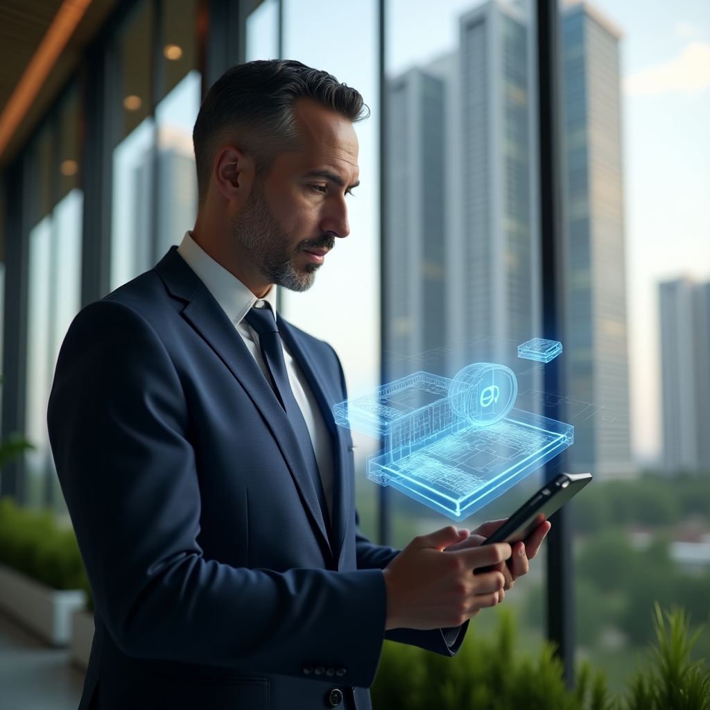 (Ultra-realistic condominium manager in a navy blue suit, set in a modern luxury condominium environment with high-rise buildings and lush green landscaping, examining a digital tablet projecting a holographic 3D floor plan with pie-chart segments representing unit fractions, thoughtful and confident expression, cinematic lighting, shallow depth of field, highly detailed textures, realistic skin, photographic realism, 8k resolution --ar 1:1 --v 6)