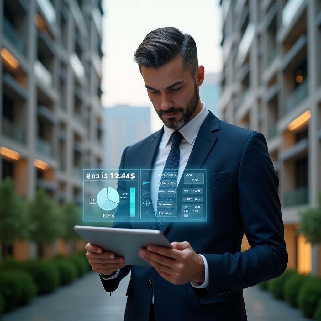 (Ultra-realistic condominium manager in a navy executive suit, set in a modern luxury condominium environment with high-rise buildings and lush green landscaping, holding a holographic pie chart illustrating fraction ideal calculations, thoughtfully examining a tablet displaying floor plans and cost distribution, cinematic lighting, shallow depth of field, highly detailed textures, realistic skin, photographic realism, 8k resolution --ar 1:1 --v 6)