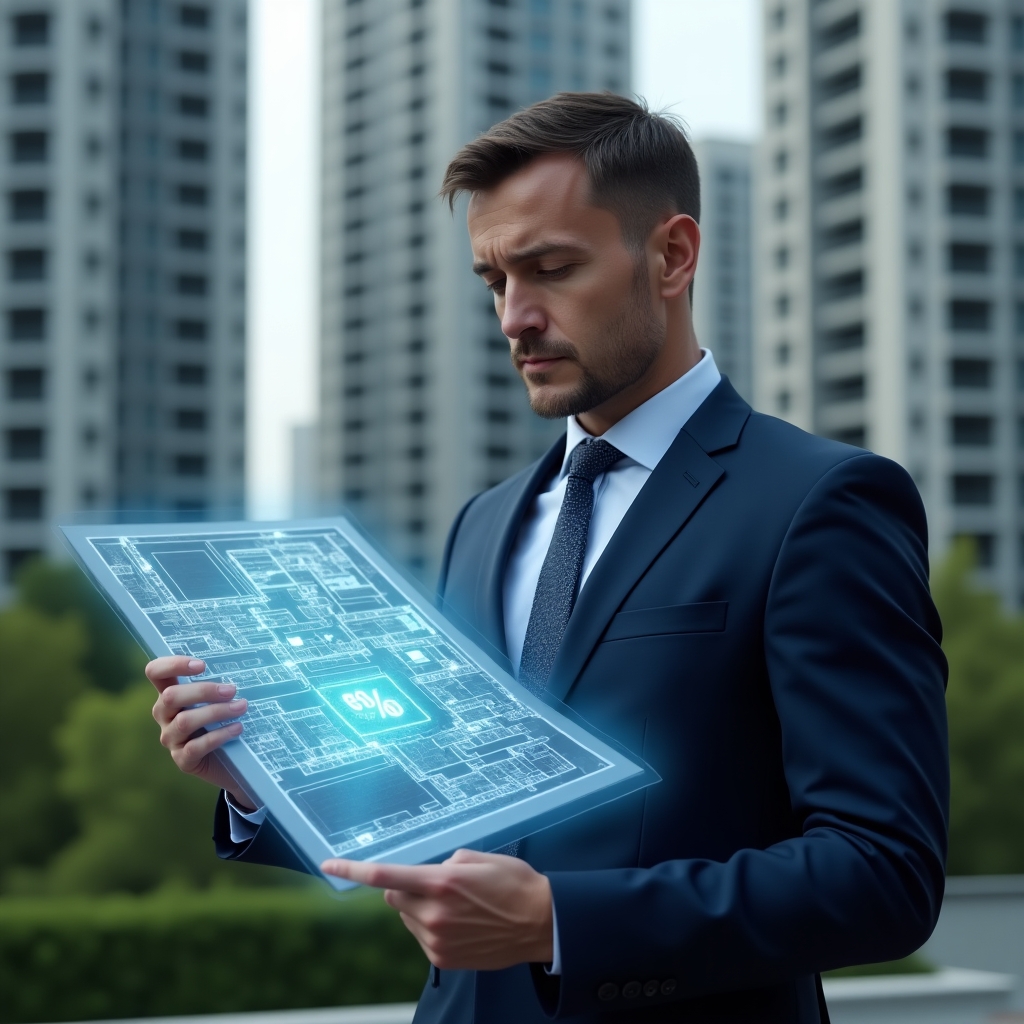 Ultra-realistic condominium manager in a dark blue suit, set in a modern luxury condominium environment with high-rise buildings and green landscaping, holding and analyzing a holographic 3D floor plan with floating percentage figures, focused and confident expression, cinematic lighting, shallow depth of field, highly detailed textures, realistic skin, photographic realism, 8k resolution --ar 1:1 --v 6