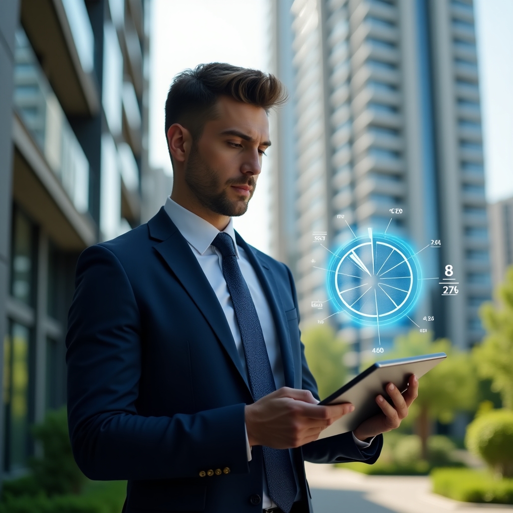 (Ultra-realistic condominium manager in a tailored navy suit, set in a modern luxury condominium environment with high-rise buildings and lush green landscaping, analyzing a holographic pie chart and fraction formula floating above a sleek tablet, conveying confidence and clarity, cinematic lighting, shallow depth of field, highly detailed textures, realistic skin, photographic realism, 8k resolution --ar 1:1 --v 6)