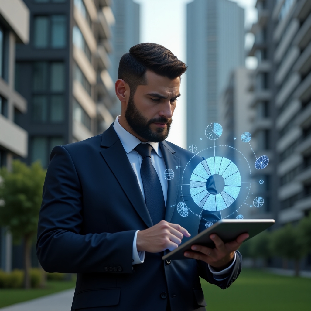 (Ultra-realistic property manager in a navy suit, set in a modern luxury condominium environment with high-rise buildings and manicured green landscaping, holding a tablet displaying a glowing pie-chart hologram of unit shares, thoughtfully analyzing data to calculate ideal fractions, holographic fraction icons floating beside them, cinematic lighting, shallow depth of field, highly detailed textures, realistic skin, photographic realism, 8k resolution --ar 1:1 --v 6)