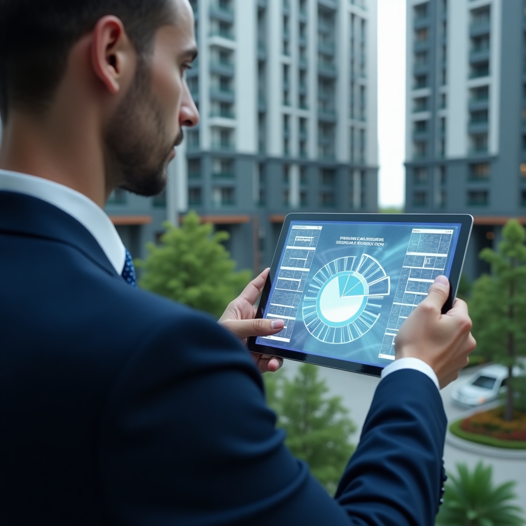 Ultra-realistic condominium manager in a navy blue suit, set in a modern luxury condominium environment with high-rise buildings and green landscaping, mid shot analyzing a holographic pie chart representing unit fractions projected from a tablet, translucent floor-plan overlay floating beside them, confident and focused expression, cinematic lighting, shallow depth of field, highly detailed textures, realistic skin, photographic realism, 8k resolution --ar 1:1 --v 6