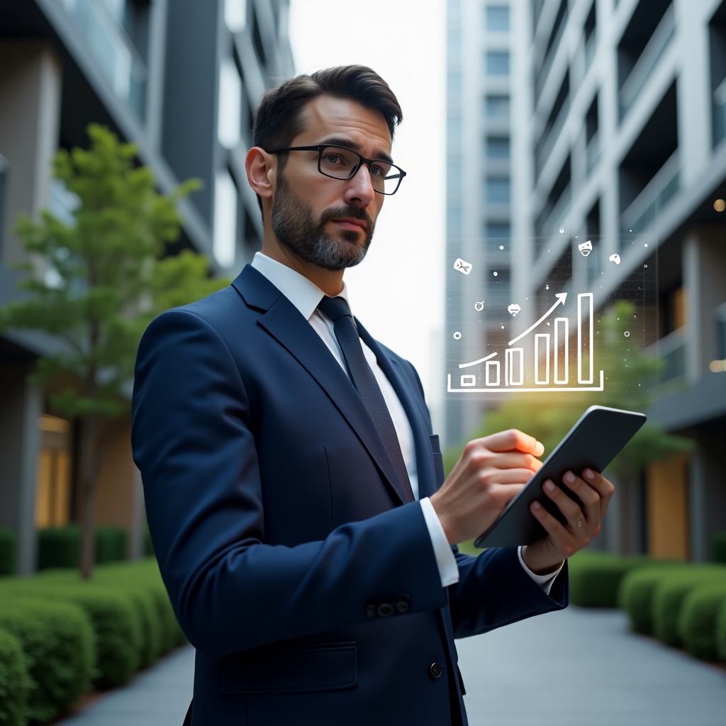 (Ultra-realistic condominium manager in a navy blue suit, set in a modern luxury condominium environment with high-rise buildings and manicured greenery, holding a tablet and analyzing a floating holographic budget chart with construction icons, confident and focused expression, cinematic lighting, shallow depth of field, highly detailed textures, realistic skin, photographic realism, 8k resolution --ar 1:1 --v 6)