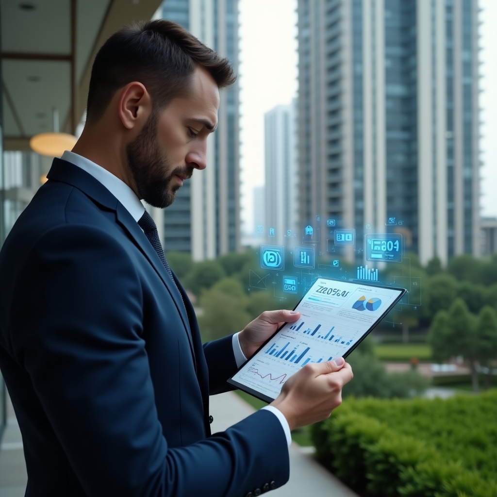 (Ultra-realistic condominium manager in a tailored navy suit, set in a modern luxury condominium environment with high-rise buildings and manicured green landscaping, examining a holographic financial report with floating charts and graphs, expression thoughtful and confident, cinematic lighting, shallow depth of field, highly detailed textures, realistic skin, photographic realism, 8k resolution --ar 1:1 --v 6)