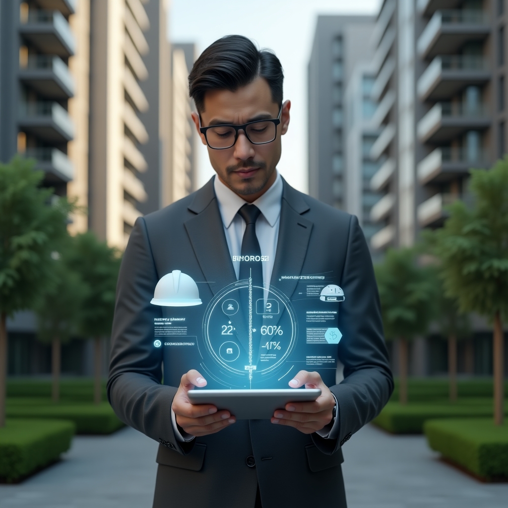 (Ultra-realistic condominium manager in a charcoal gray suit, set in a modern luxury condominium environment with high-rise buildings and lush green landscaping, examining a floating holographic infographic splitting “ordinary” and “extraordinary” expenses, holographic icons of coins and a construction helmet hovering nearby, focused and confident expression, cinematic lighting, shallow depth of field, highly detailed textures, realistic skin, photographic realism, 8k resolution --ar 1:1 --v 6)